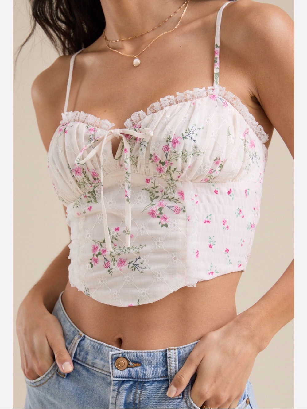 All in Favor. Floral Lace Crop Top - White with Pink Blossoms
